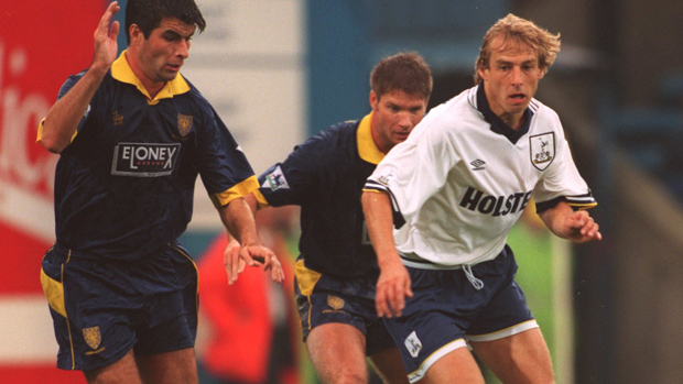 Jurgen Klinsmann in action for Tottenham against Wimbledon